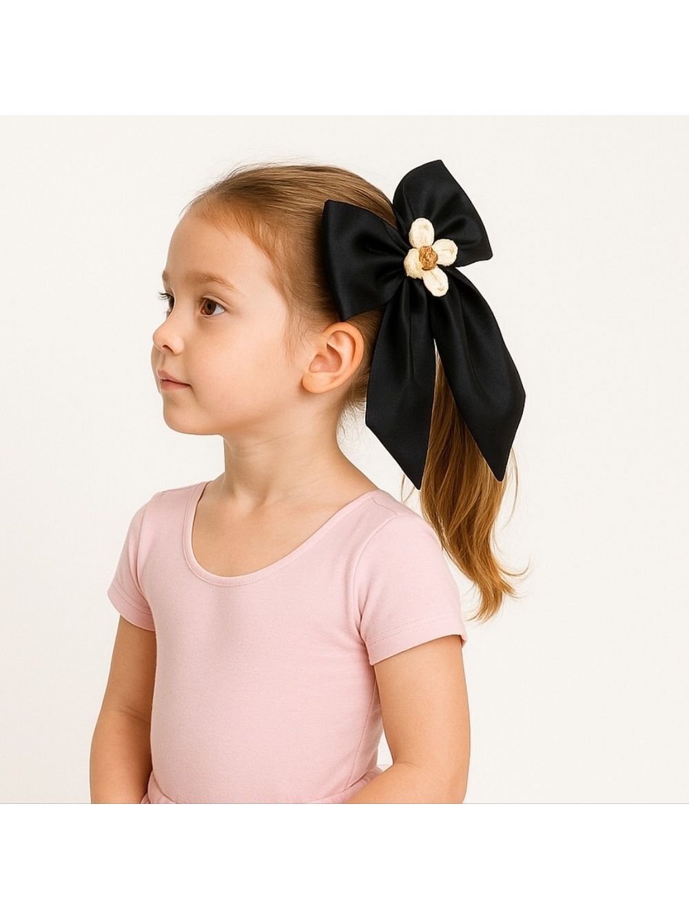 Hand Crafted Satin Black Bow Barrette with Crochet Flower